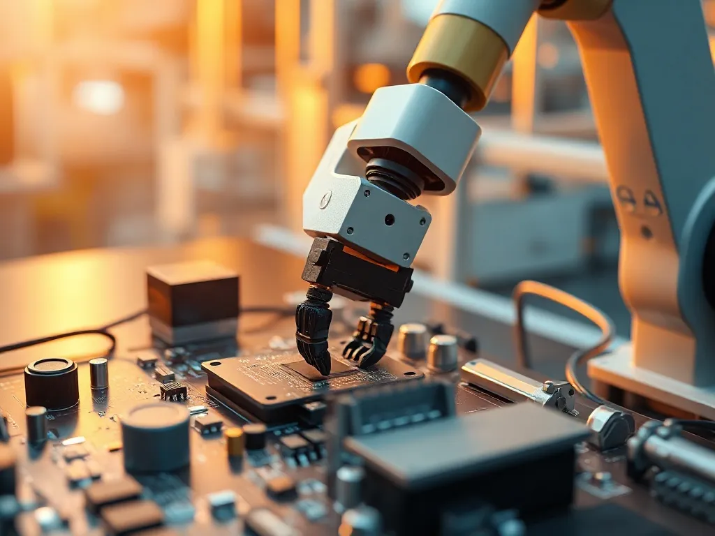 Industrial robotic arm working on a precise electronic circu
