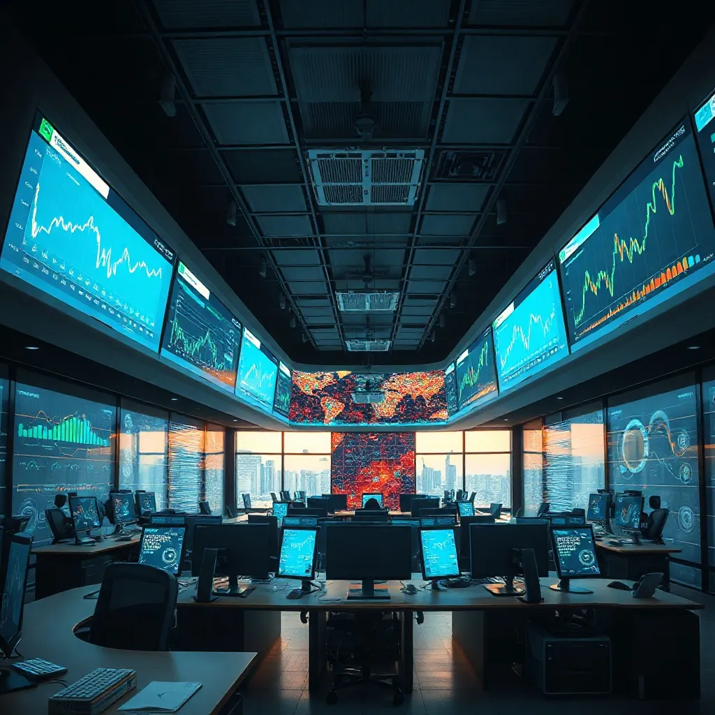 Modern high-tech customer support center with large screens