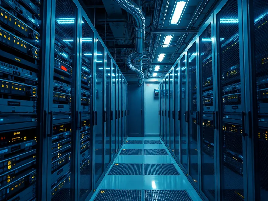 High-tech server room with sleek metal racks and golden stat