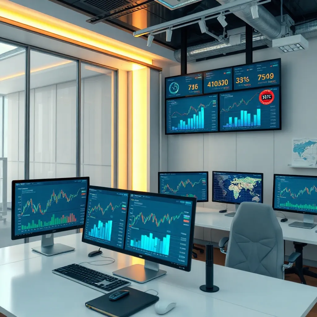 A high-tech clean office environment with multiple computer